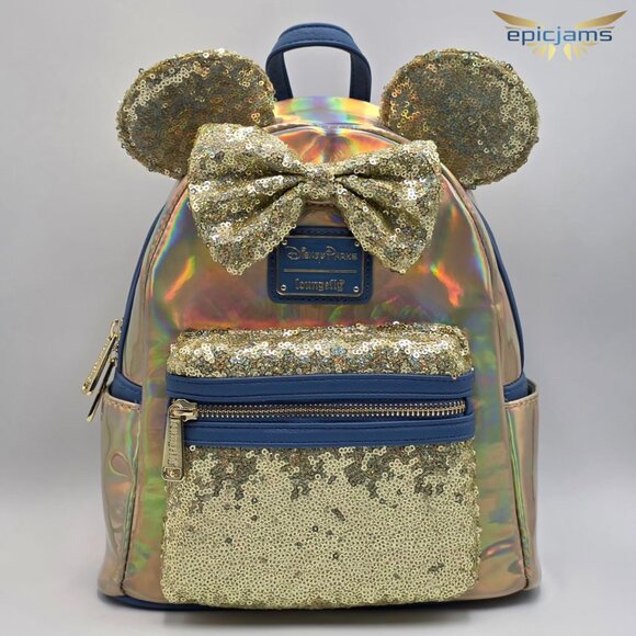 Loungefly Disney Minnie Mouse 50th Anniversary Ear Gold Iridescent Backpack Bag - Picture 1 of 5